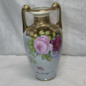 Vtg‎ Noritake Morimura Double Handle Vase Urn Hand Painted Roses Japan